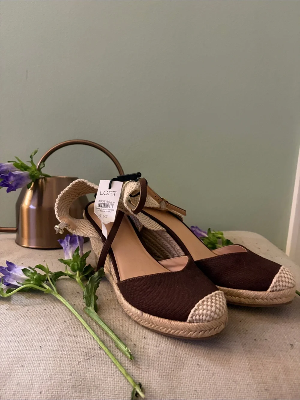 LOFT Brown and Cream Espadrille Wedge Sandals with Ankle Strap